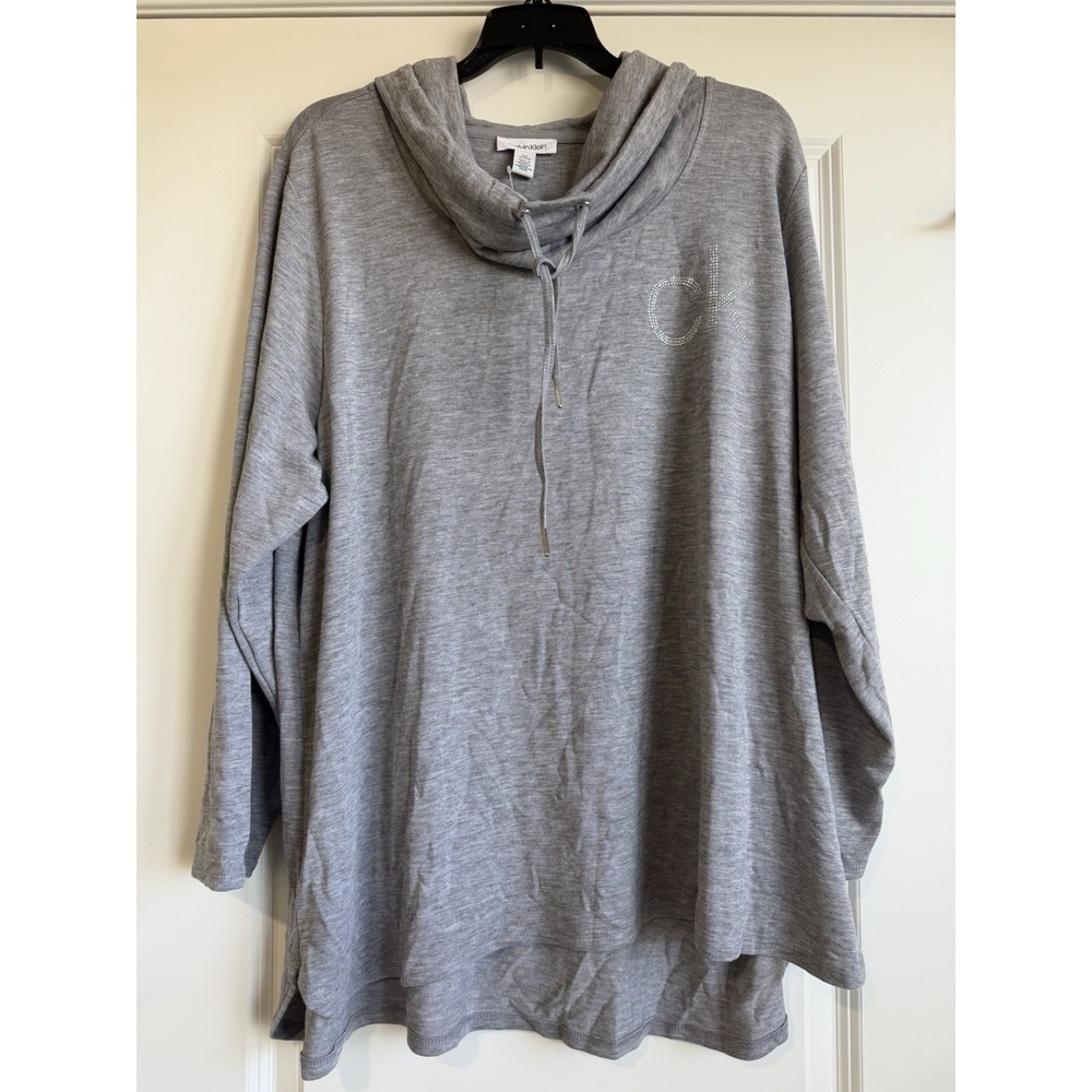 Calvin Klein Women's Gray Cowl Neck Hooded Sweatshirt with Rhinestone Logo 1X